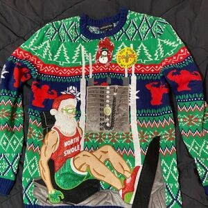 Festive Green and Red Workout Funny Ugly Christmas Sweater with Pocket for Drink